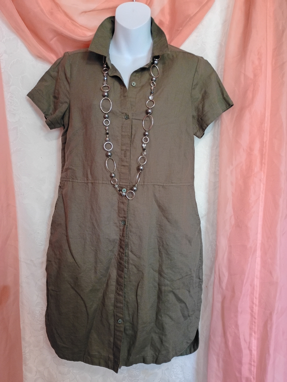 Banana Republic Ladies Olive Green Linen-Cotton Blend Shirt Dress Sz 8